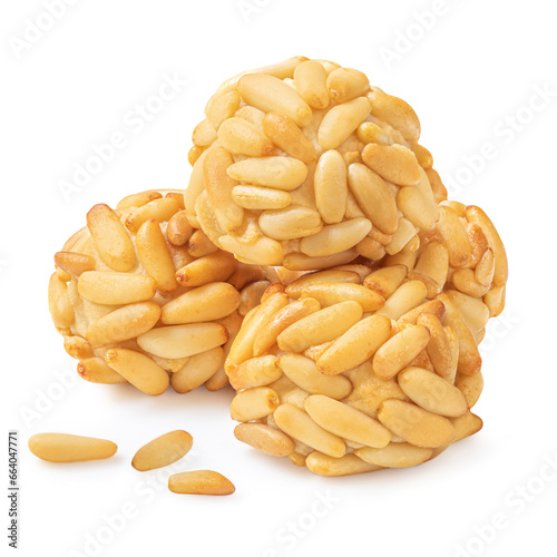 Panellets pine nuts isolated on white background. Typical Catalan dessert panellets in Spain photo
