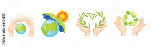 Save Planet Symbols and Ecology Protection with Hand with Globe, Leaf and Recycle Sign Vector Set