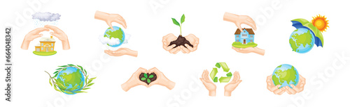 Save Planet Symbols and Ecology Protection Sign with Hands Vector Set