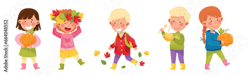 Happy Children Characters in Autumn Season Walking with Pumpkin and Leaf Wreath on Head Vector Set