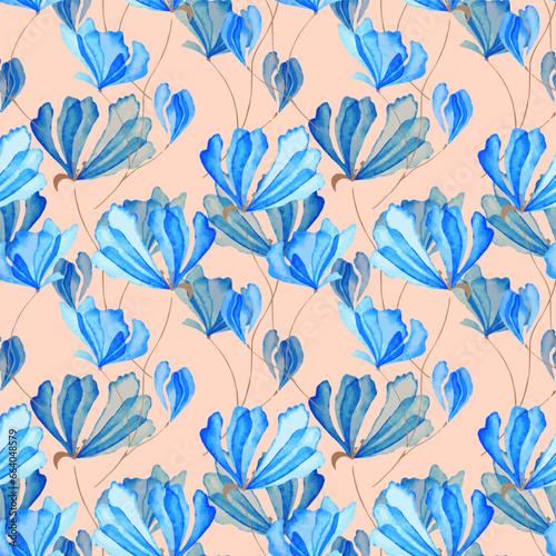 Blue poppy flower watercolor illustration vector seamless patterns.