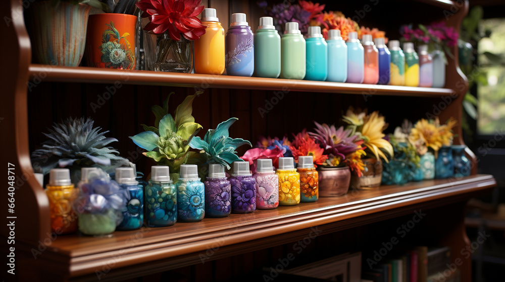 A shelf filled with tubes of vivid oil paints and watercolors