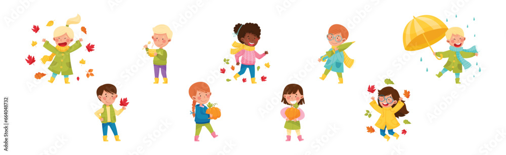 Happy Children Characters in Autumn Season Walking with Umbrella and Throwing Leaves Vector Set