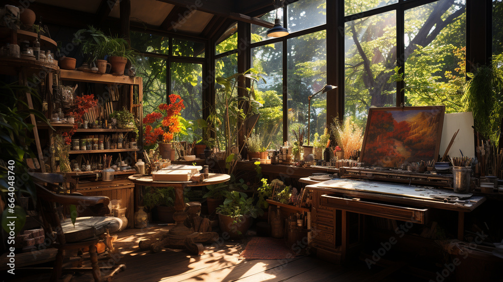 Sunlight streaming through a large window onto an artist's canvas Sunlight streaming through a large window onto an artist's canvas