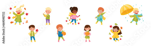 Happy Children Characters in Autumn Season Walking with Umbrella and Throwing Leaves Vector Set