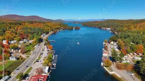 Alton Bay at Lake Winnipesaukee aerial view and village of Alton Bay in fall in town of Alton, New Hampshire NH, USA.  photo