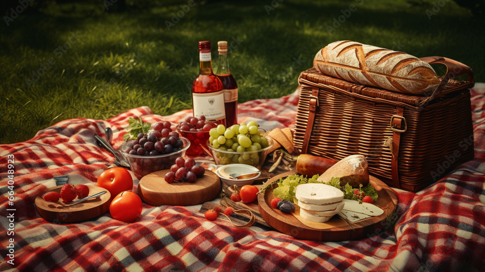 Picnic food on grass with basket, generative ai