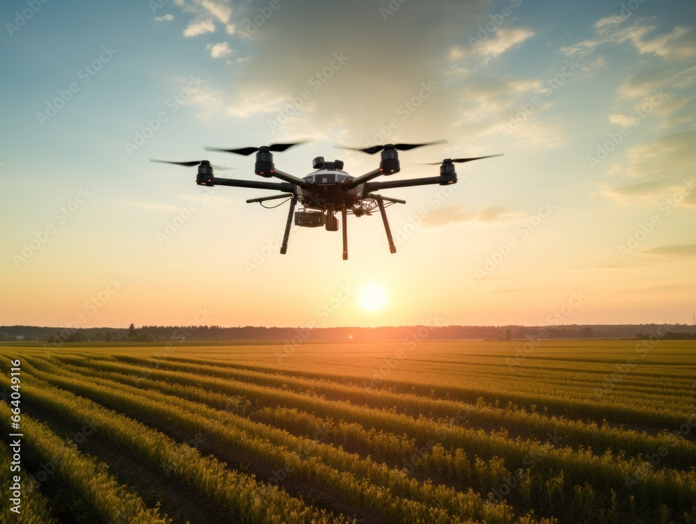 A drone over a farmer's field pollinates plants .technology in the service of agriculture. A drone over a farmer's field pollinates plants .technology in the service of agriculture.