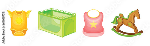 Baby Nursery and Infant Objects with Rocking Horse, Body Wear, Bib and Play Pen Vector Set