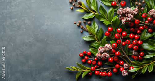 Christmas background with holly berries and leaves, closeup, top view photo