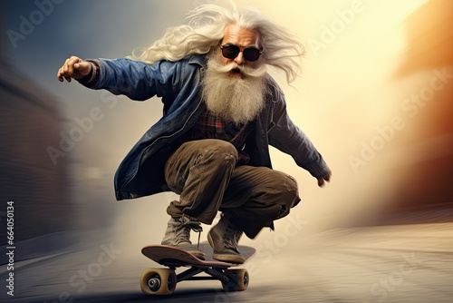 Illustration Portrait of a senior man riding a skateboard in the city. Ai generative