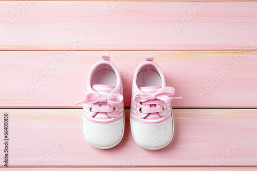 zapatillas deportivas de bebe rosas y blancas sobre soporte de madera rosa photo