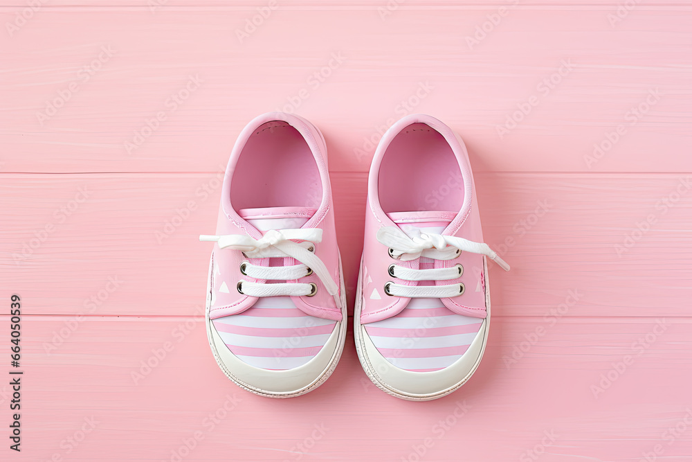 zapatillas deportivas de bebe rosas con rayas blancas sobre soporte de madera rosa zapatillas deportivas de bebe rosas con rayas blancas sobre soporte de madera rosa
