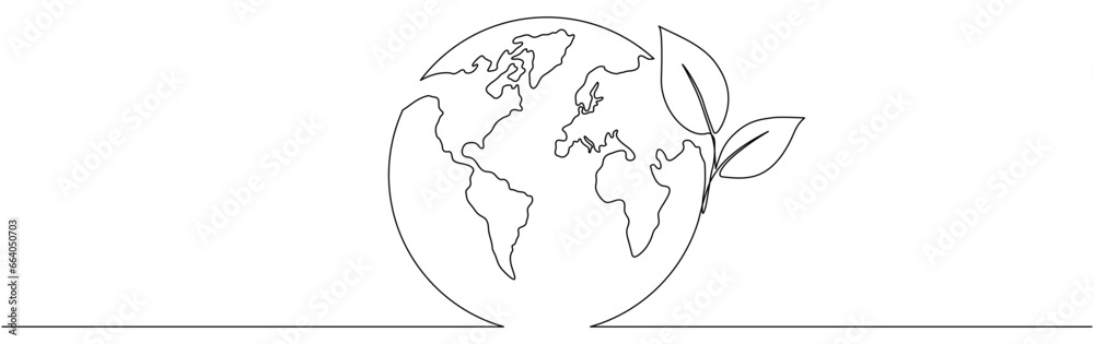 Leaf with Earth globe continuous line drawn. Linear world map with plant. Save Planet concept. Vector illustration isolated on white.