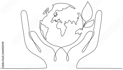 Human hands holding Earth globe with leaves continuous line drawn. Linear world map with plant. Save Planet concept. World environment day symbol. Vector illustration isolated on white.