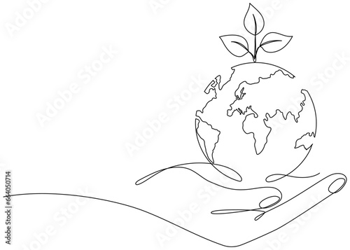 Human hands holding Earth globe with leaves continuous line drawn. Linear world map with plant. Save Planet concept. World environment day symbol. Vector illustration isolated on white.