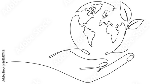 Human hands holding Earth globe with leaves continuous line drawn. Linear world map with plant. Save Planet concept. World environment day symbol. Vector illustration isolated on white.