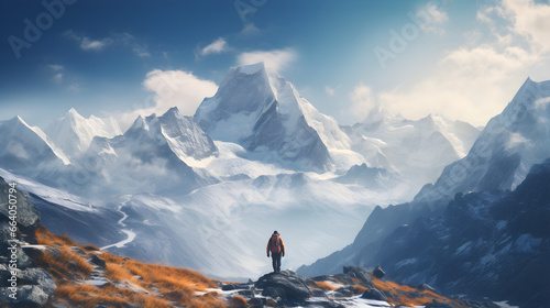 Winter explorer in awe of majestic snowy mountain peak © NE97