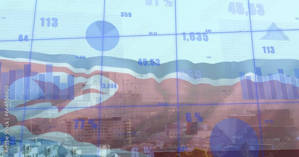 Animation of diagrams, data processing and flag of north korea over city