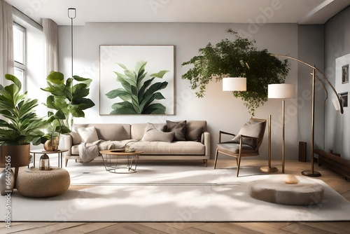 A Canvas Frame for a mockup in a modern living room with a balance of organic elements   like potted greenery   and sleek  metallic finishes