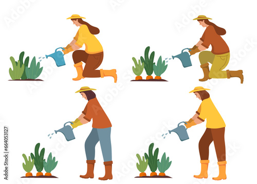 Woman waters plants from a watering can.Agriculture gardener hobby.Work in the garden. Farmer watering plant. Cartoon female character.Harvesting carrot vegetables.