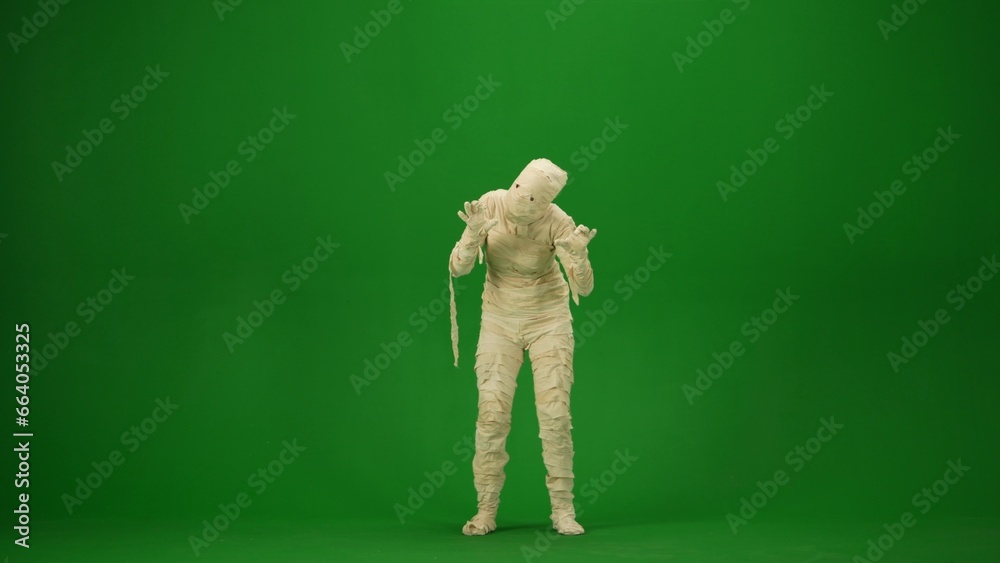 A mummy wrapped in bandages poses in a scary pose. Green screen isolated chroma key. Mock up, workspace, advertisement. Full length. A mummy wrapped in bandages poses in a scary pose. Green screen isolated chroma key. Mock up, workspace, advertisement. Full length.