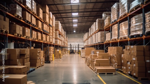 Modern warehouse filled with various boxes, cargo and materials