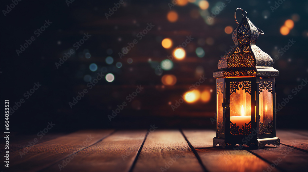 Moroccan lantern with candle, Ramadan, islamic background - obrazy, fototapety, plakaty 