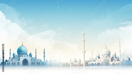 White mosque with dome and minaret, ramadan, mubarak, eid