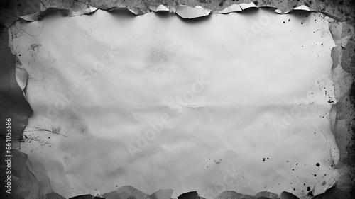 Frayed newsprint paper, black torn edge, rip texture, grey background with hole