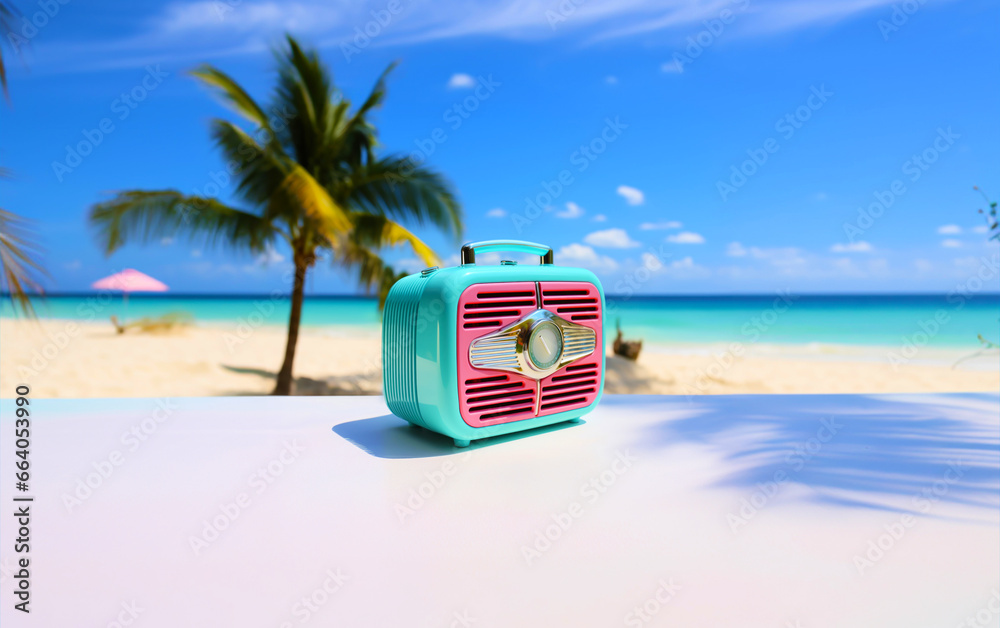 Fototapeta premium Radio on an empty sandy sea beach. Teal & pink colored radio on the sand near the ocean water. Aquamarine & red radio near a palm tree on a desert island. Turquoise & purple radio station. Copy space