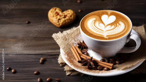 Coffee cup with hot latte, cappuccino, heart art