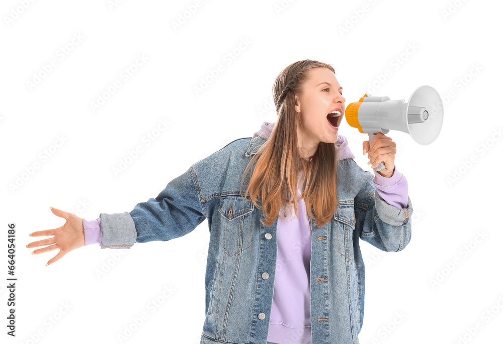 Naklejka premium Young woman shouting into megaphone on white background