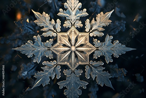 A detailed depiction of a glistening snowflake in a digital artwork form. Generative AI