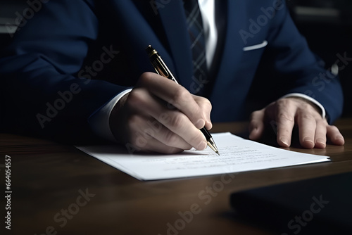 Businessman signs documents with a pen making the signature sitting at the desk . Business concept photo