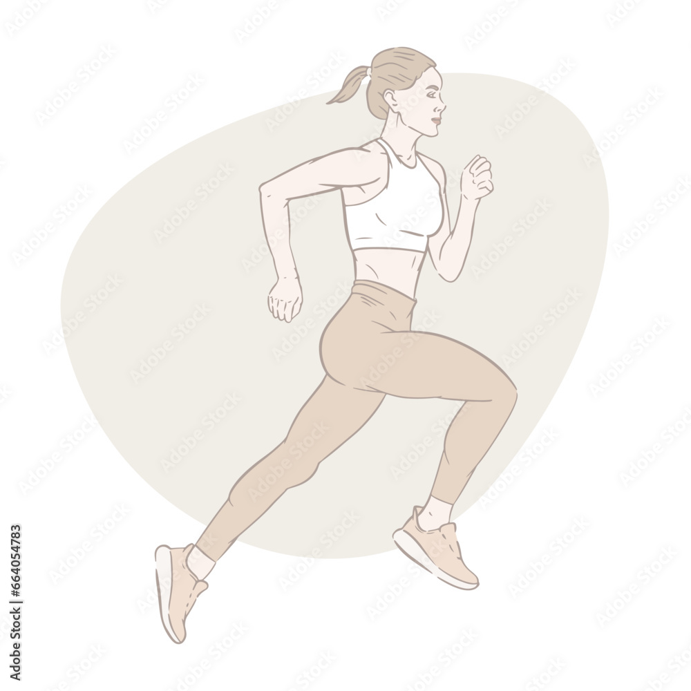 Beautiful, athletic woman running. Sport top, leggings, sneakers. Hair gathered in a tail. Outdoor activity, cardio workout. Healthy morning habits. Vector illustration, pastel colors, line art.