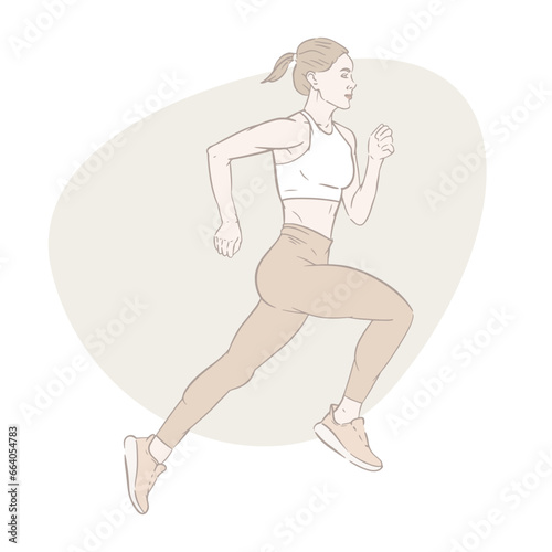 Beautiful, athletic woman running. Sport top, leggings, sneakers. Hair gathered in a tail. Outdoor activity, cardio workout. Healthy morning habits. Vector illustration, pastel colors, line art.