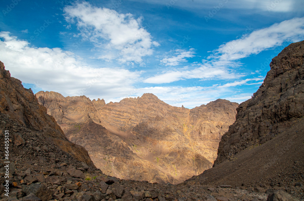 Peaks and ridge in High Atlas mountain in Toubkal national park, Morocco, Africa