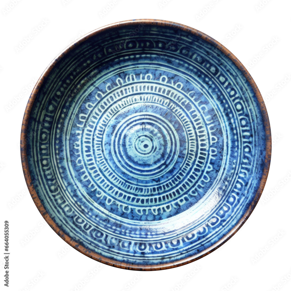 Obraz premium Rustic Blue Ceramic Dish Plate Pottery Isolated on a Transparent Background