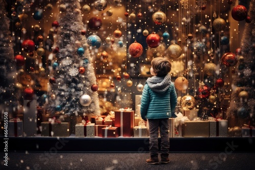 little boy looking through a display window at Christmas decorations and gifts in a store
