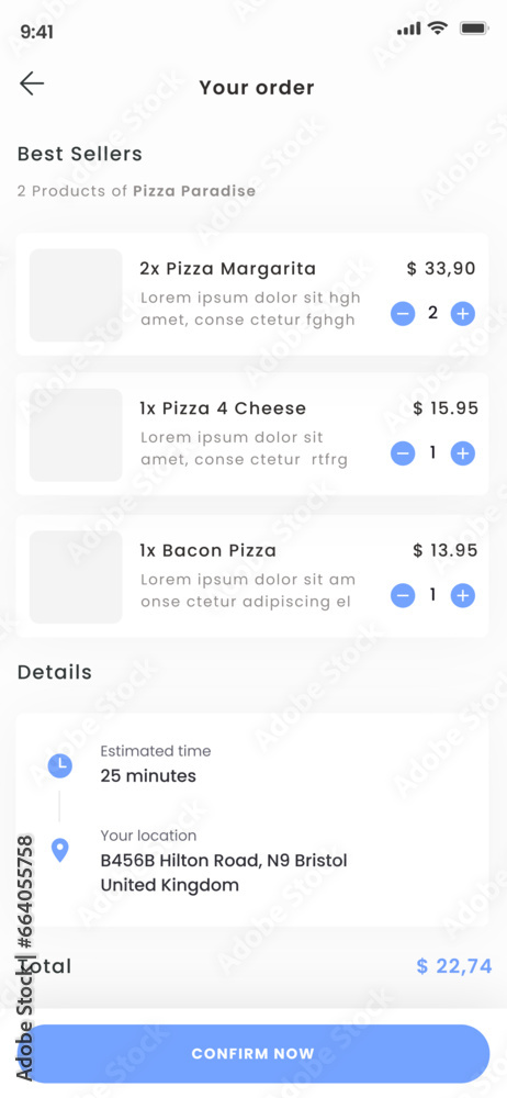 Fast Food and take away, delivery food, Pizza Restaurant Blue Mobile App Ui Kit Template