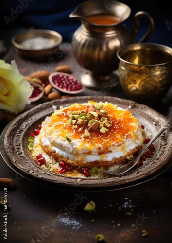 Arabic dessert Konafa or Knafeh with white cheese and pistachio