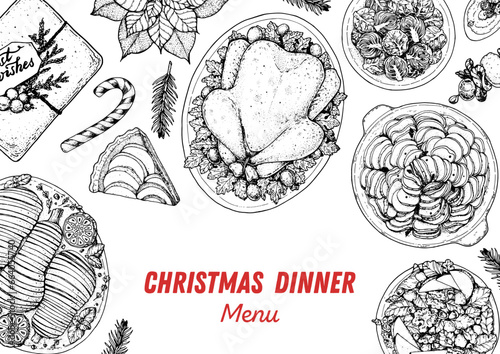Christmas food. Christmas dinner. Holiday menu. Food design template. Engraved style background. Food and drink set. Hand drawn sketch, design template.