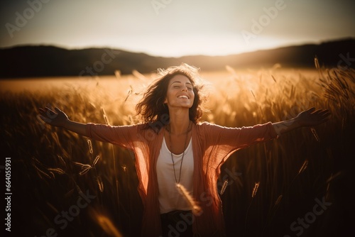 Backlit Portrait of calm happy smiling free woman with open arms and closed eyes enjoys a beautiful moment life on the fields at sunset photo