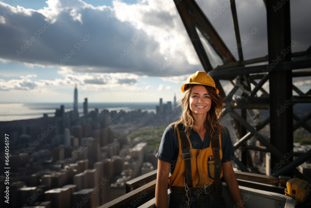 Woman working in the construction of a big skyscraper with a city skyline in the back. Woman working in the construction of a big skyscraper with a city skyline in the back.