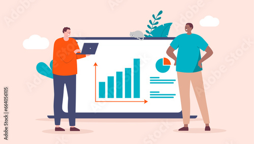 Business chart and people - Two men working in office with computer and rising graph and diagram. Financial growth and great result concept, flat design vector illustration