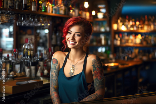 Tattooed woman bartender smiling at the bar counter.