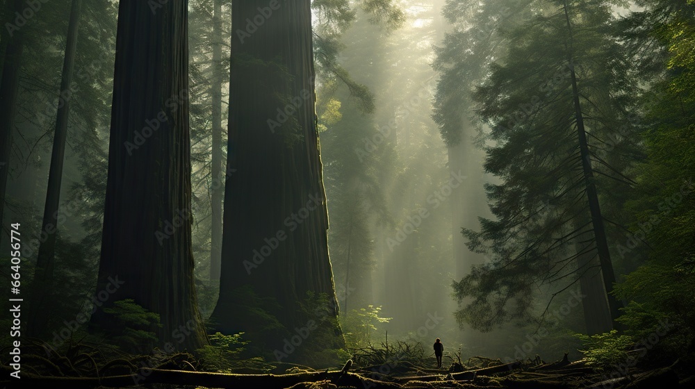 Obraz premium a person standing in the middle of a forest surrounded by tall trees. generative ai