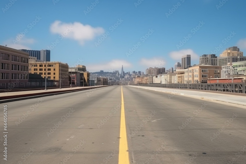 Empty road with city buildings in the background, new highway construction. Success, transportation, logistic, delivery. San Francisco, USA. Generative AI