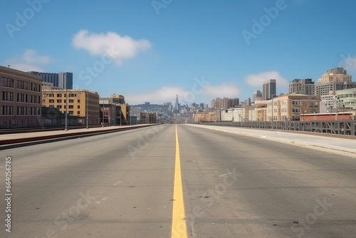 Empty road with city buildings in the background, new highway construction. Success, transportation, logistic, delivery. San Francisco, USA. Generative AI © Meliora